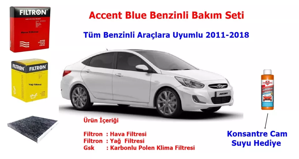 Filtron Accent Blue Benzinli Bakım Seti,Accent Blue Filtre Seti 2011-2018 Tüm Kasalar-Cam Suyu Hediyeli